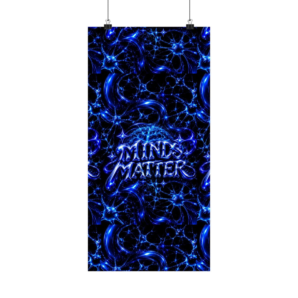 Matte Vertical Poster — "Minds Matter" Neon Blue Psychedelic Art